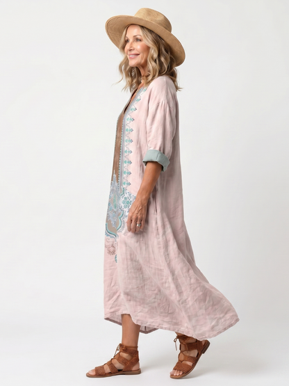 Kenza | Robe Midi Détente à Panneaux Brodés avec Poches