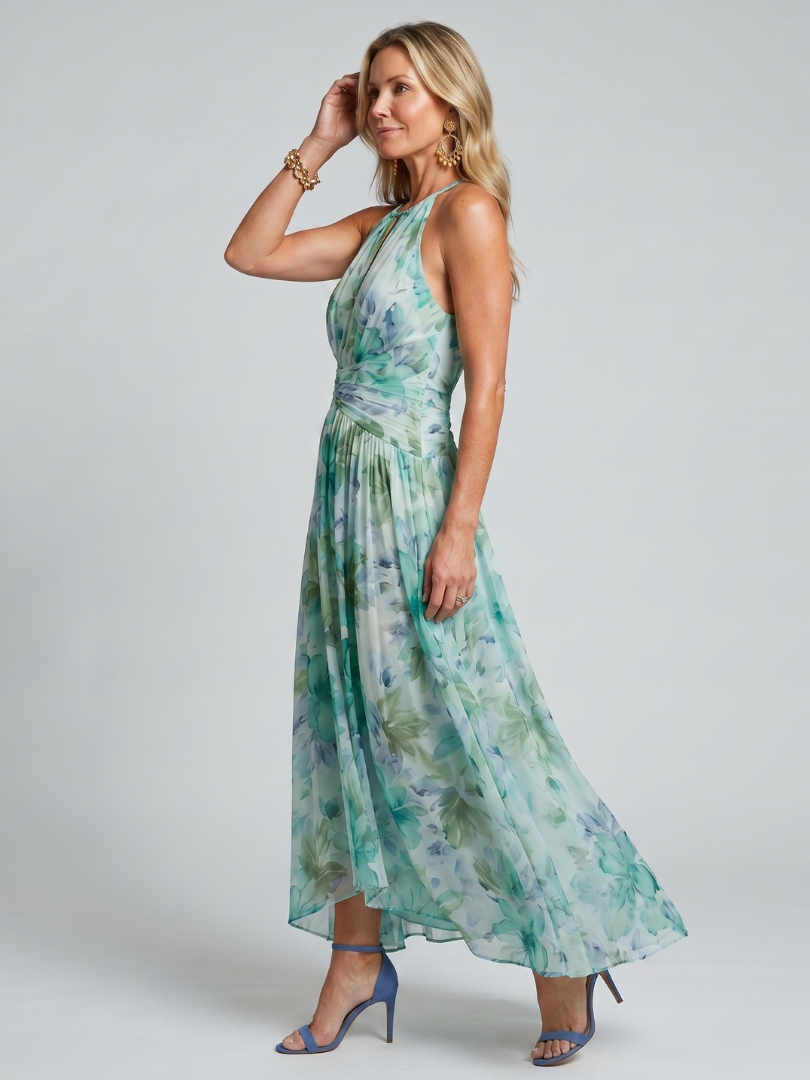 Portia | Robe Midi à Encolure Halter en Tissu Floral Plissé
