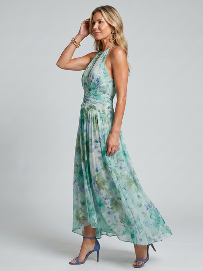Portia | Robe Midi à Encolure Halter en Tissu Floral Plissé