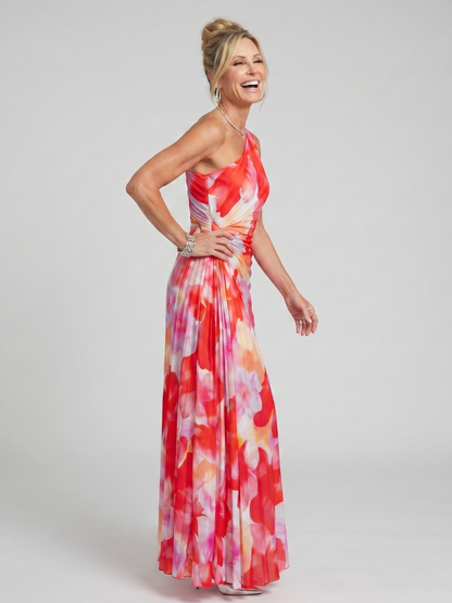 Taya | Robe Midi à Bretelle Unique avec Corsage Plissé