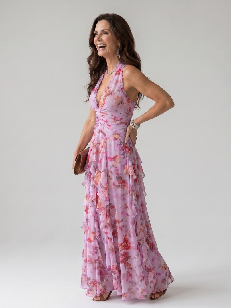 Nori | Robe Maxi Fleurie à Encolure Halter et Corsage Froncé