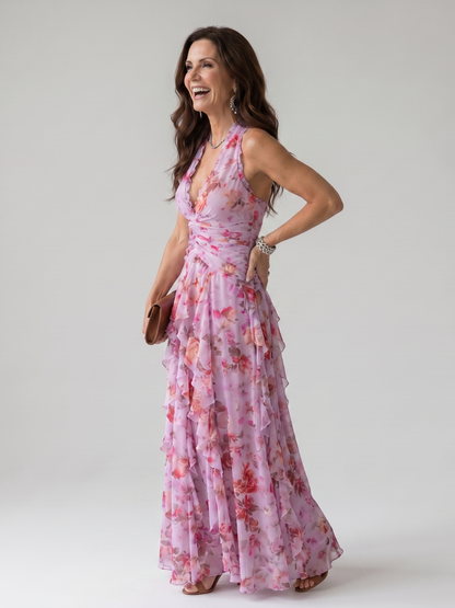 Nori | Robe Maxi Fleurie à Encolure Halter et Corsage Froncé