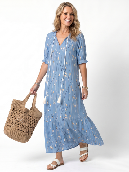 Alora | Robe Midi à Imprimé Floral avec Liens à Franges