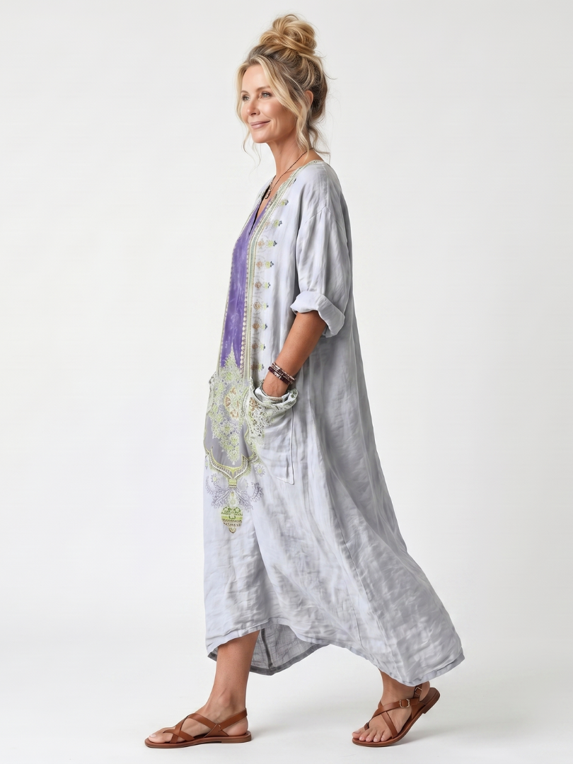Raina | Robe Midi Oversize à Panneaux Contrastés et Broderies