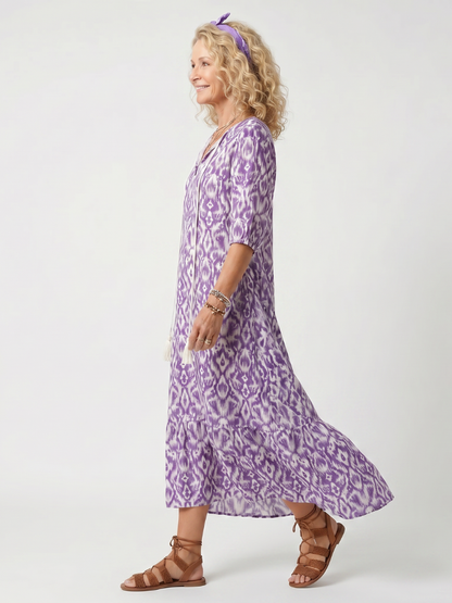 Pénélope | Robe midi à liens à franges imprimée