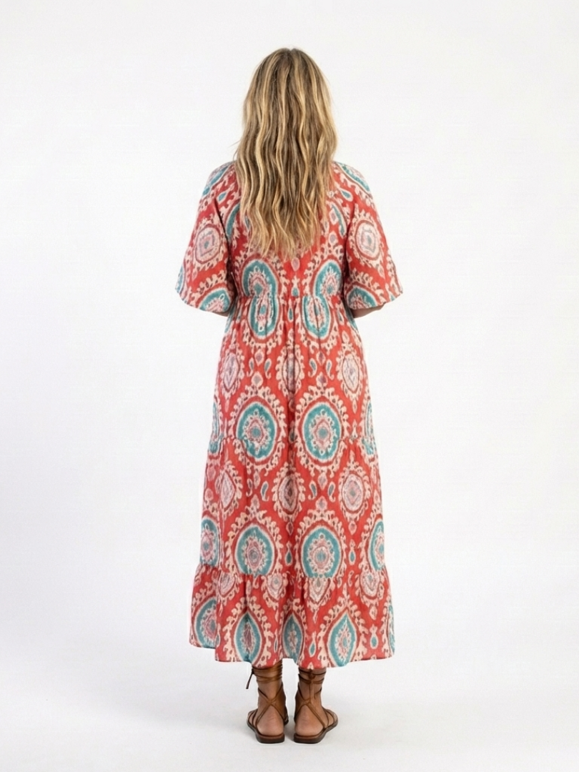 Zaria | Robe midi à manches courtes avec imprimé Paisley et décolleté en V