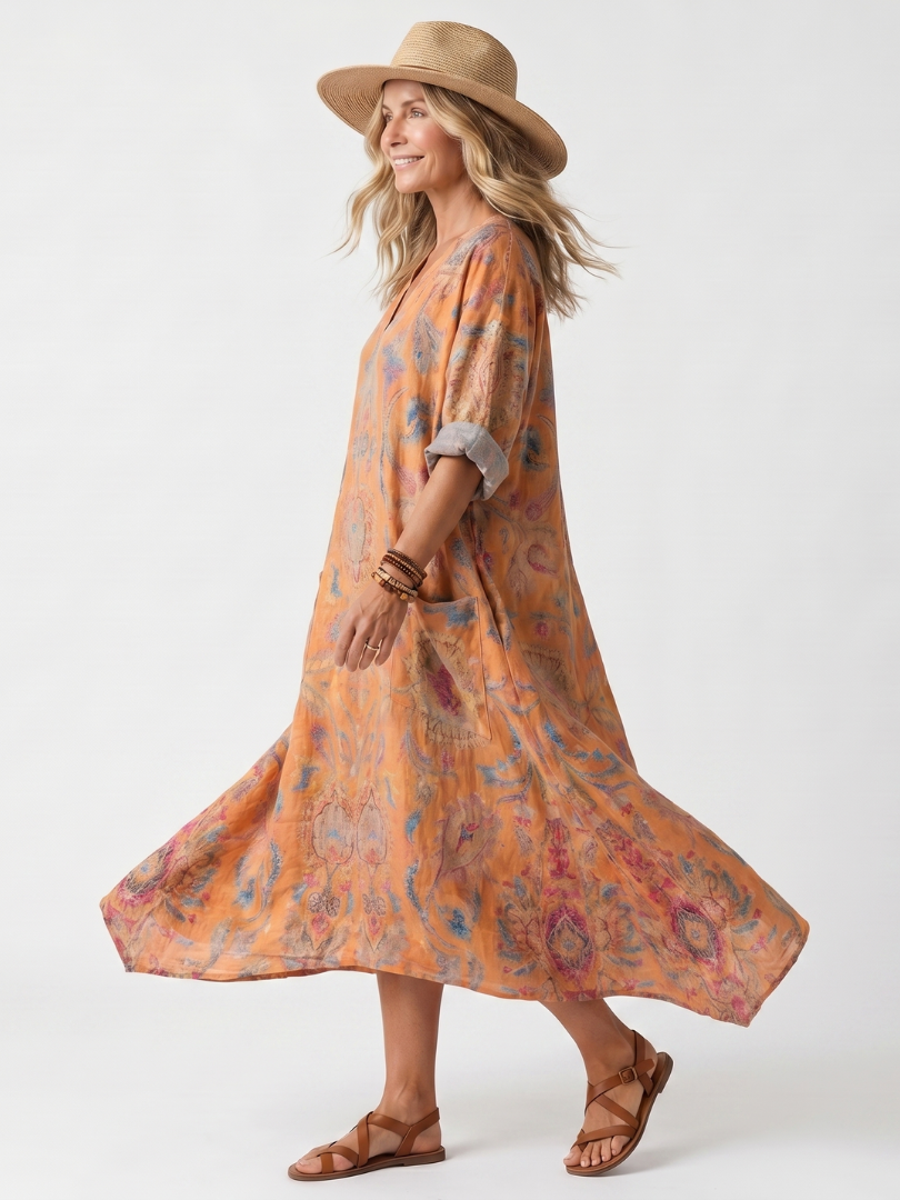 Remi | Robe Midi Oversize Imprimée à Col Notch avec Poches