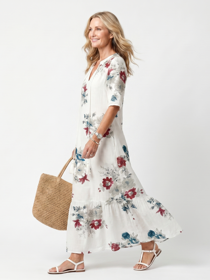 Maeva | Robe Midi à Imprimé Floral Éparpillé avec Liens à Franges