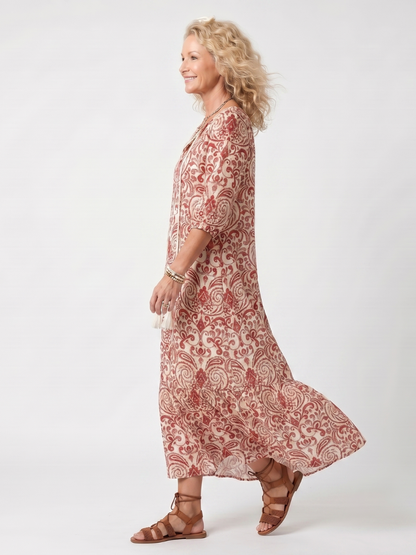 Noelle | Robe Midi à Imprimé Ornamental avec Liens à Franges