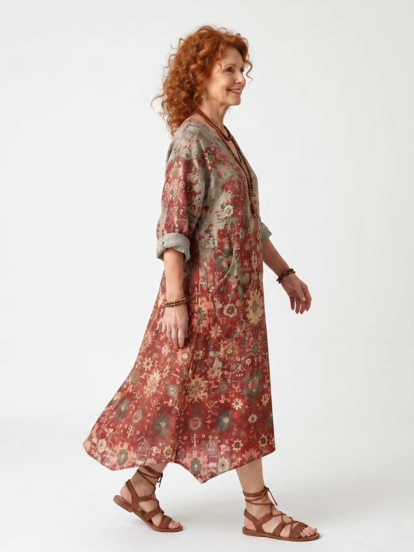 Safran | Robe midi décontractée à poches et motifs mixtes