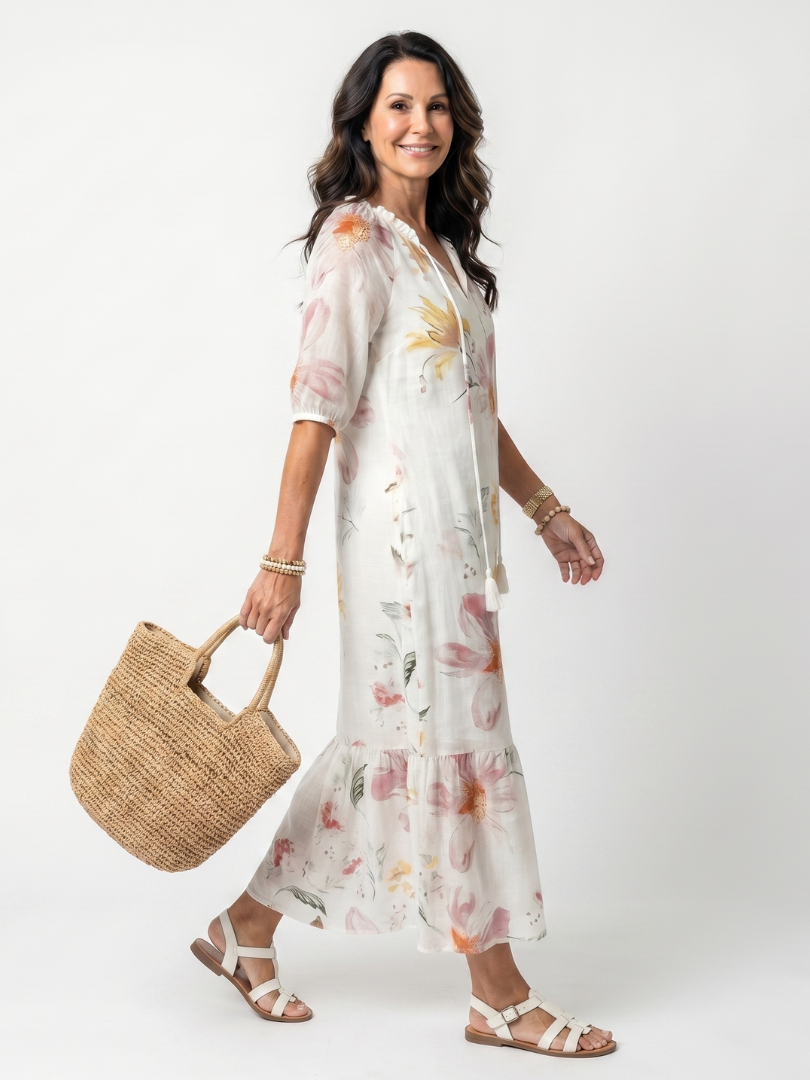 Noa | Robe Midi à Volants et Imprimé Floral Doux