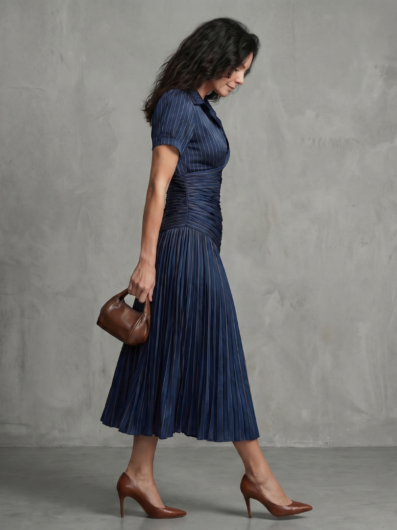 Théodora | Robe midi à taille plissée et rayures