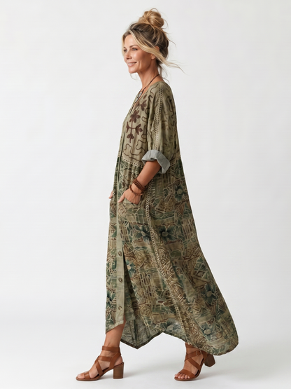 Aleta | Robe midi oversized à poches brodées et bouton devant