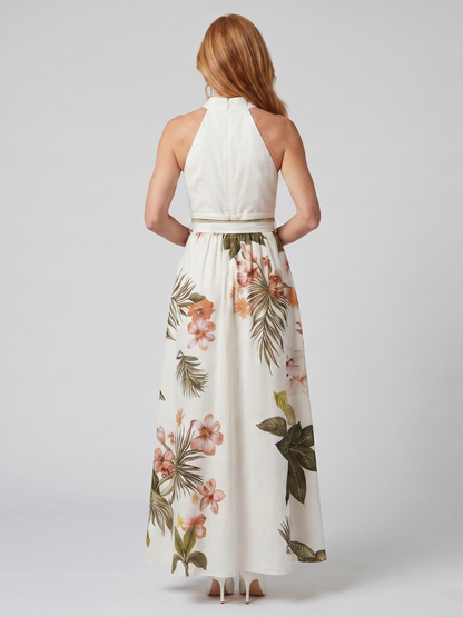 Prairie | Robe Maxi à Panneaux Botaniques avec Col Halter Drapé