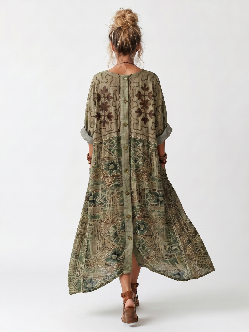 Aleta | Robe Midi Oversized à Poches Brodées et Bouton Devant