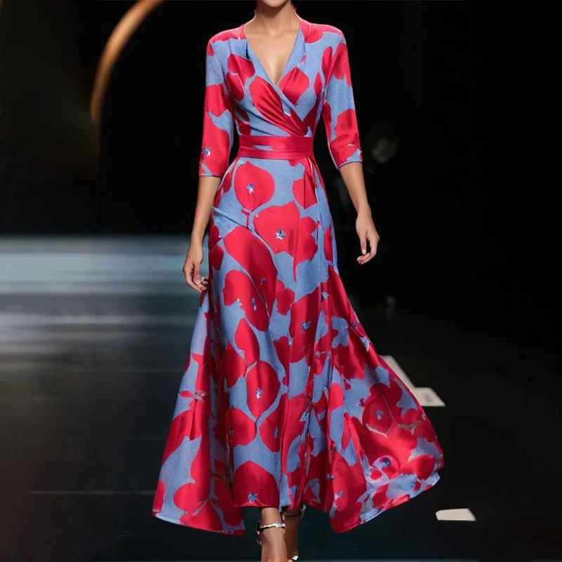 Zoe - Robe Maxi Fleurie Classique à Col V