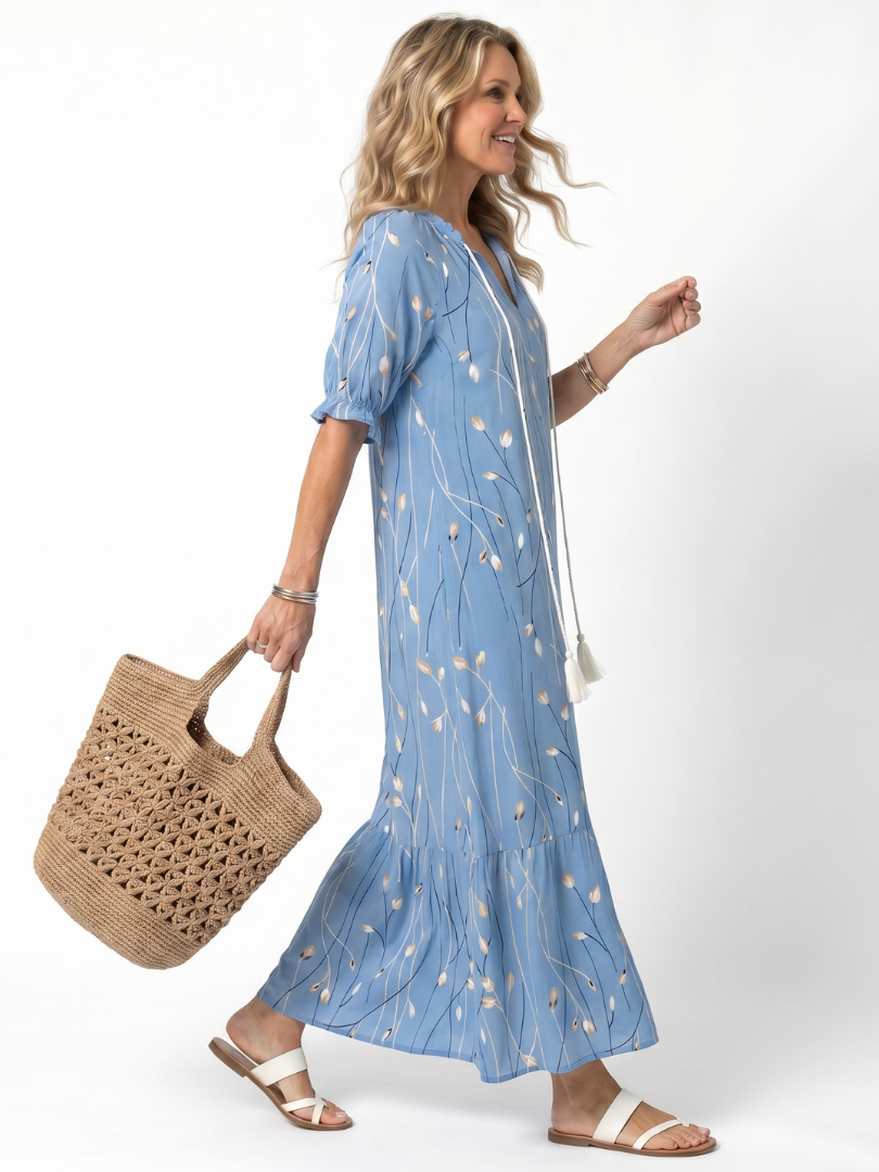 Alora | Robe Midi à Imprimé Floral avec Liens à Franges