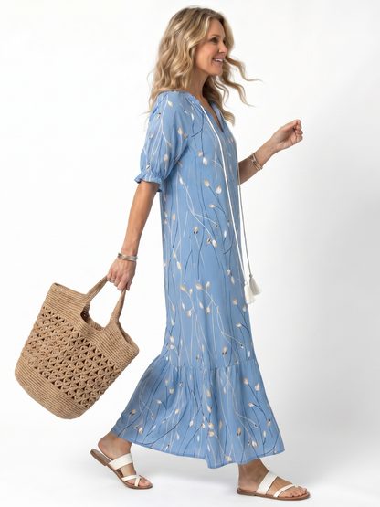 Alora | Robe Midi à Imprimé Floral avec Liens à Franges