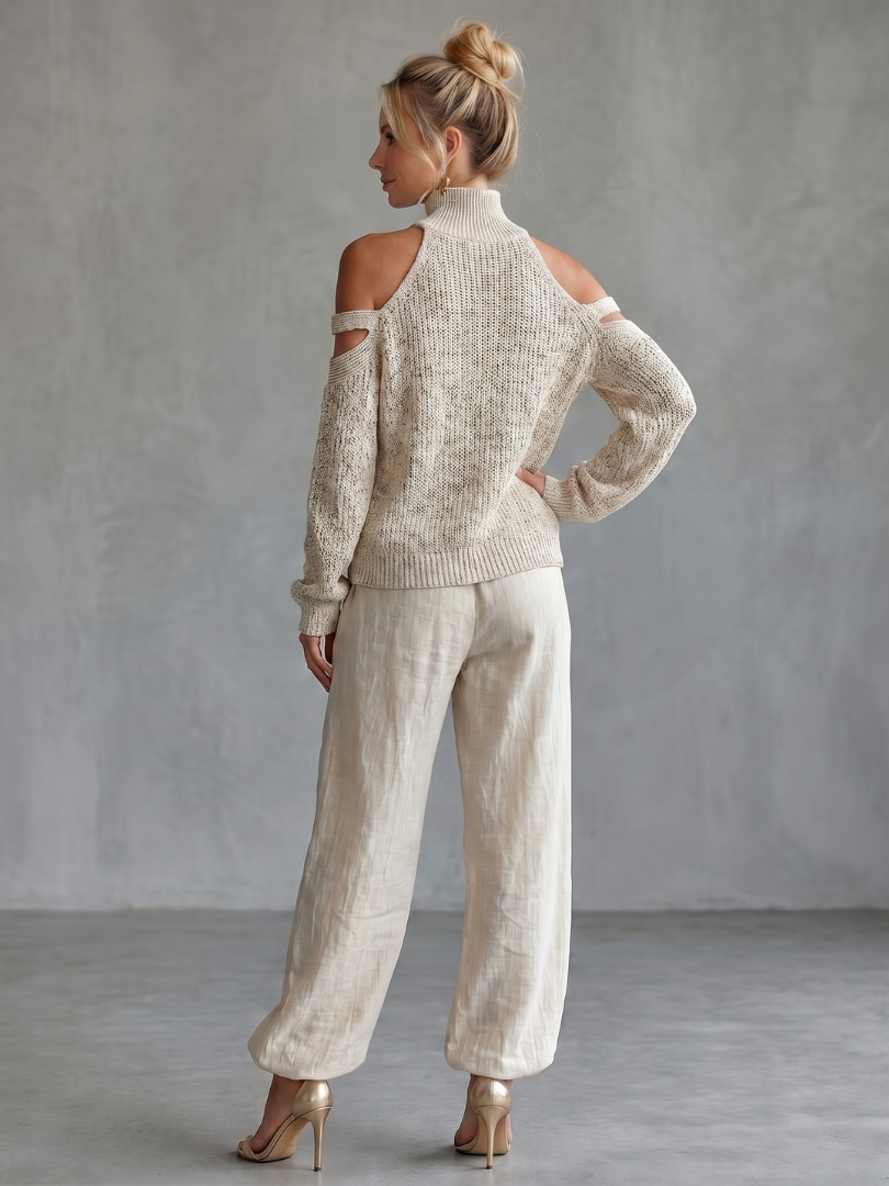 Questa | Ensemble Top Tricot à Épaules Dégagées et Pantalons Amples