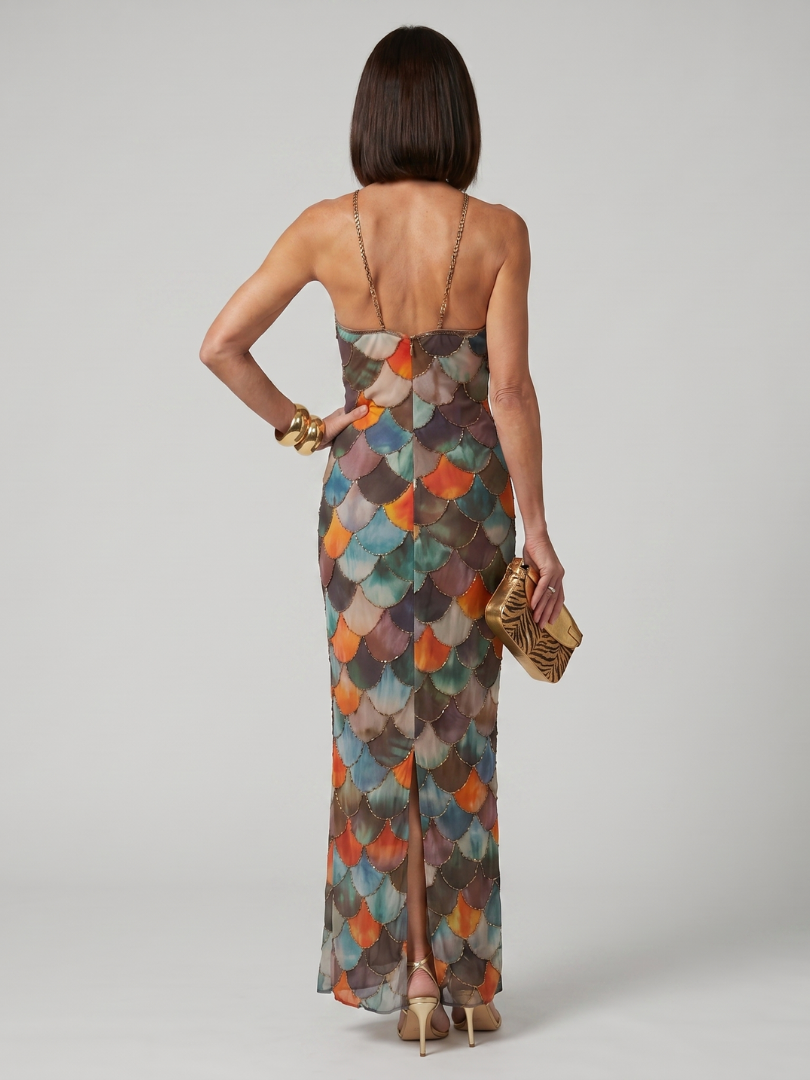 Larkin | Robe Maxi à Motif Écailles Multicolores Ajustée