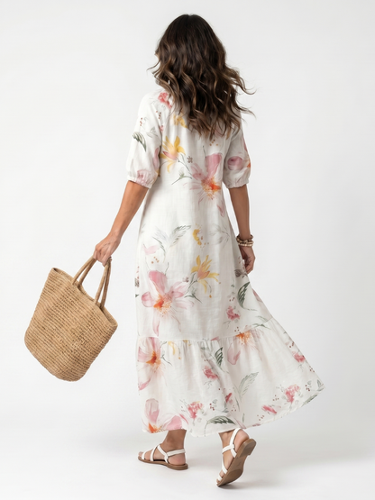 Noa | Robe Midi à Volants et Imprimé Floral Doux