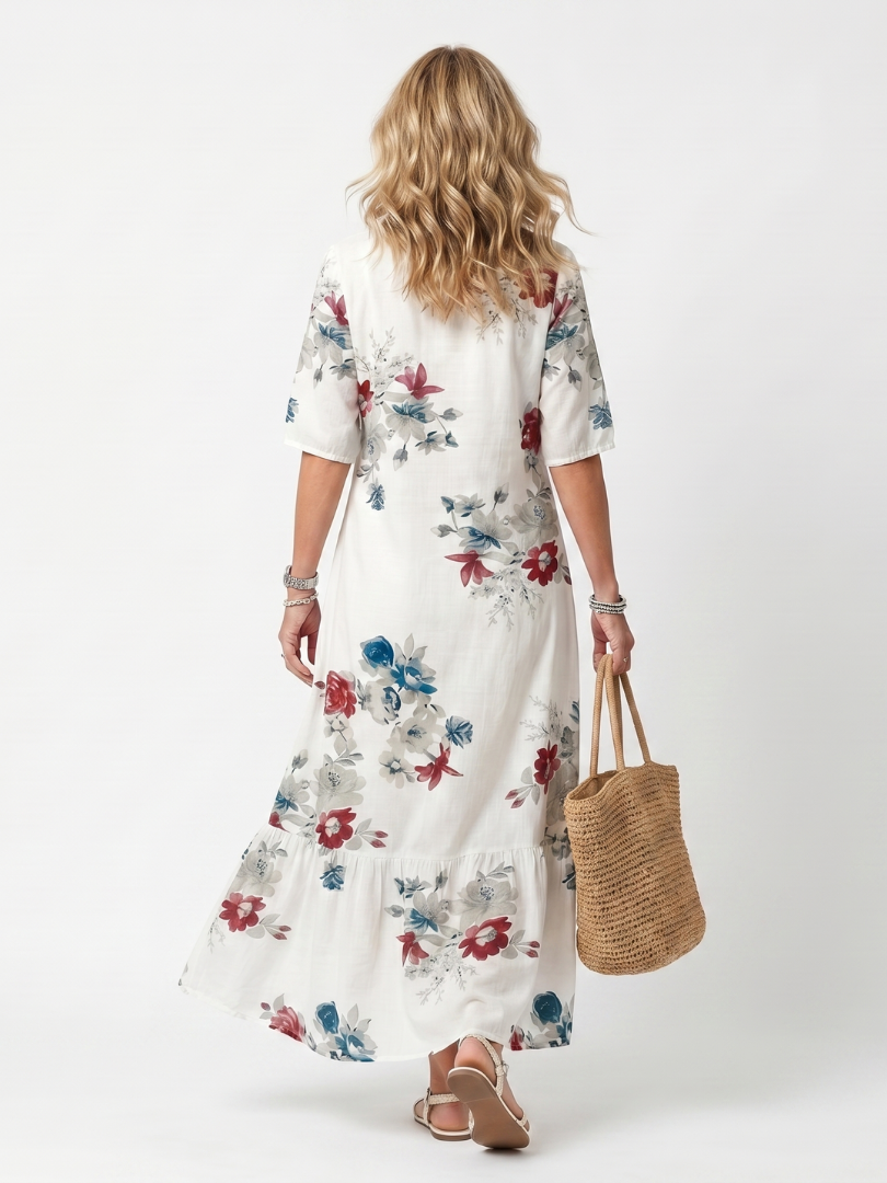 Maeva | Robe Midi à Imprimé Floral Éparpillé avec Liens à Franges