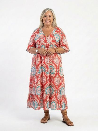 Zaria | Robe midi à manches courtes avec imprimé Paisley et décolleté en V