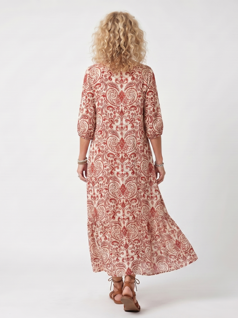 Noelle | Robe Midi à Imprimé Ornamental et Liens à Franges