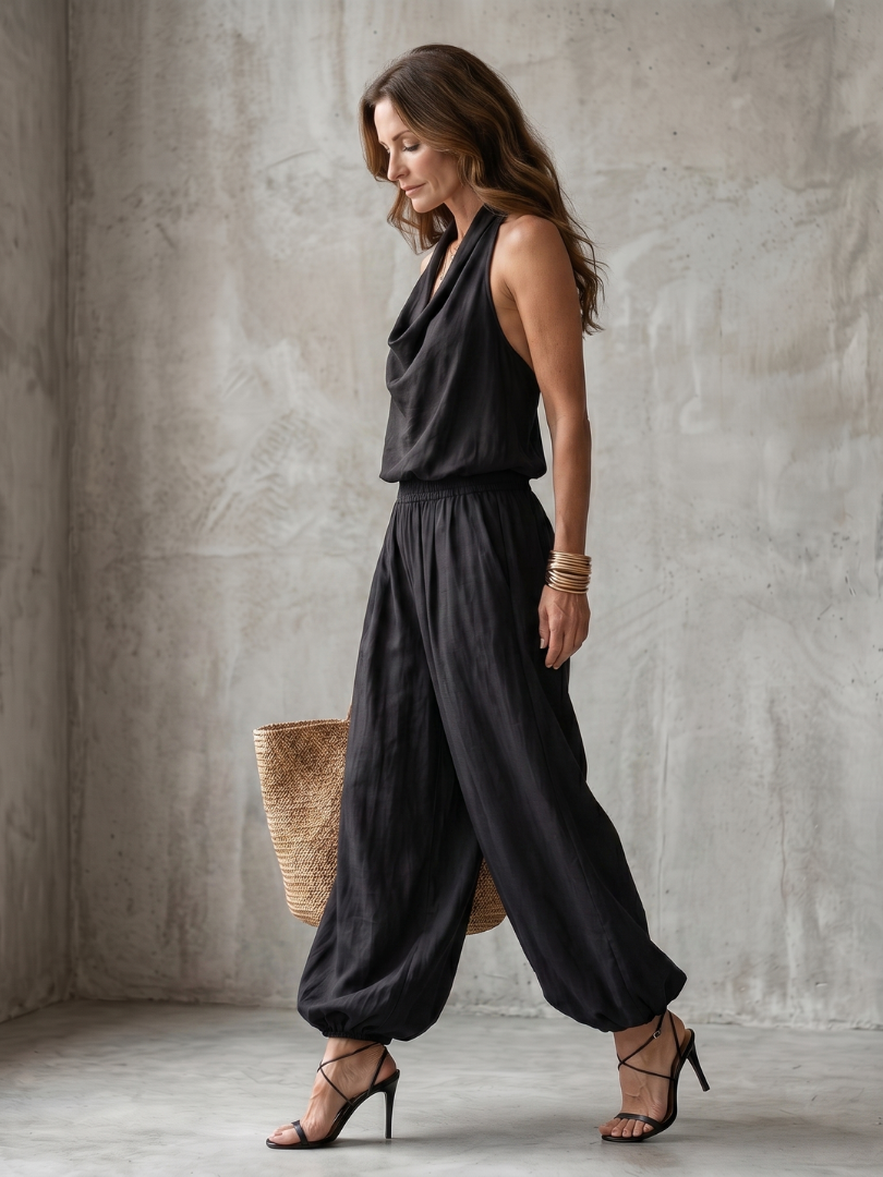 Yvaine | Ensemble Top Fluide à Col Drapé et Pantalon Large