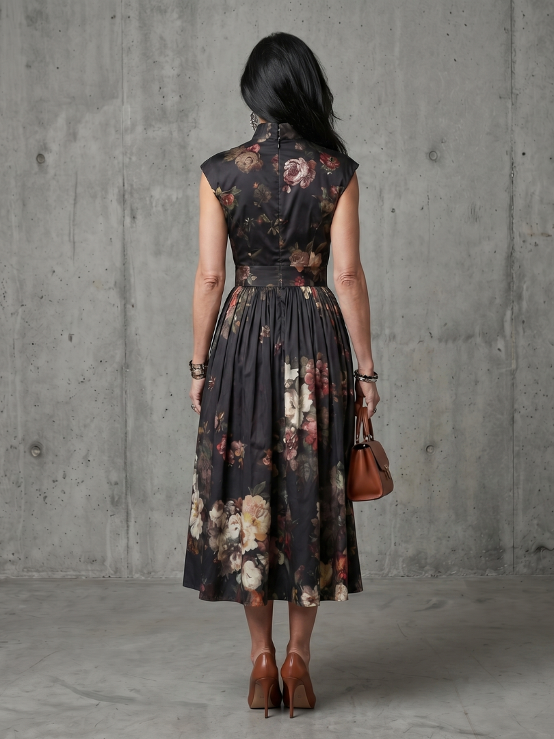 Greta | Robe Midi Plissée à Col Montant et Découpe Florale