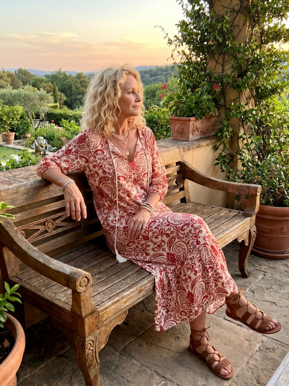 Noelle | Robe Midi à Imprimé Ornamental avec Liens à Franges