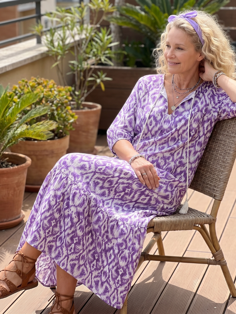 Pénélope | Robe midi à liens à franges imprimée