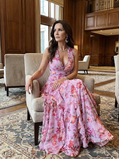 Nori | Robe Maxi Fleurie à Encolure Halter et Corsage Froncé