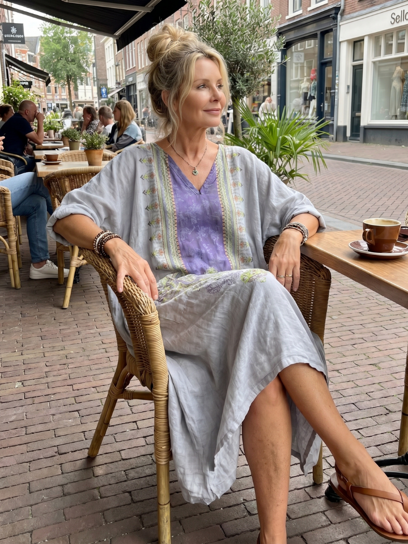 Raina | Robe Midi Oversized à Panneau Contrasté et Broderie