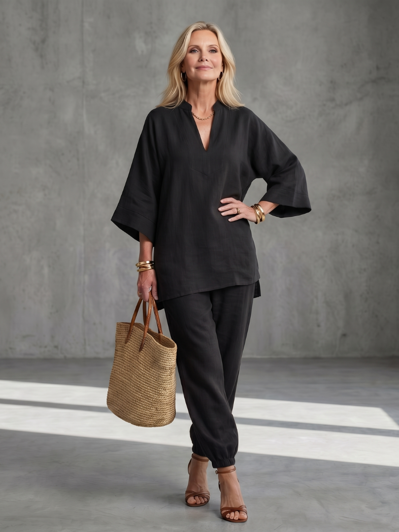 Georgiana | Ensemble tunique à col en V et pantalon froncé