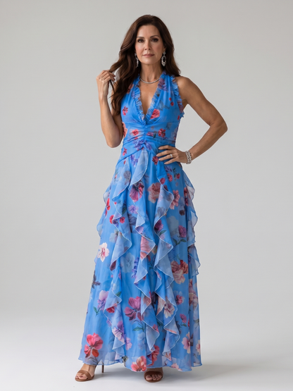 Nori | Robe Maxi Fleurie à Encolure Halter et Corsage Froncé