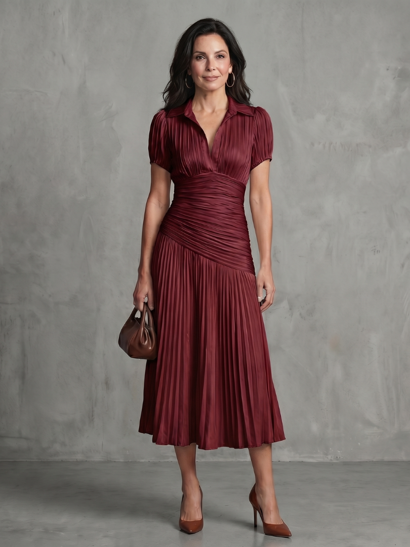 Théodora | Robe midi à taille plissée et rayures