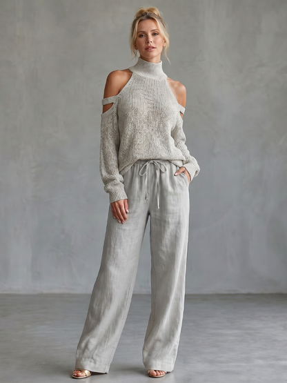 Questa | Ensemble top en tricot à épaules dénudées et pantalon large