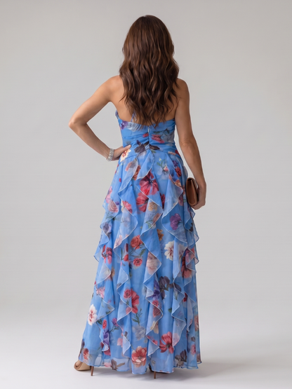 Nori | Robe Maxi Fleurie à Encolure Halter et Corsage Froncé