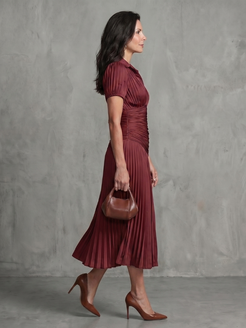 Théodora | Robe midi à taille plissée et rayures