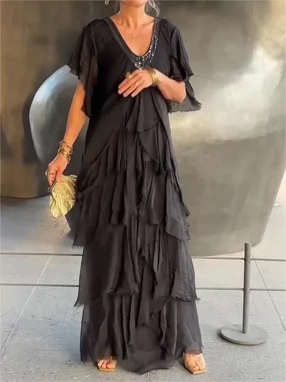 Blaise - Robe Maxi à Manches Courtes Volantes et Décolleté en V