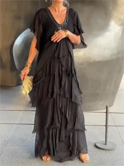 Blaise - Robe Maxi à Manches Courtes Volantes et Décolleté en V