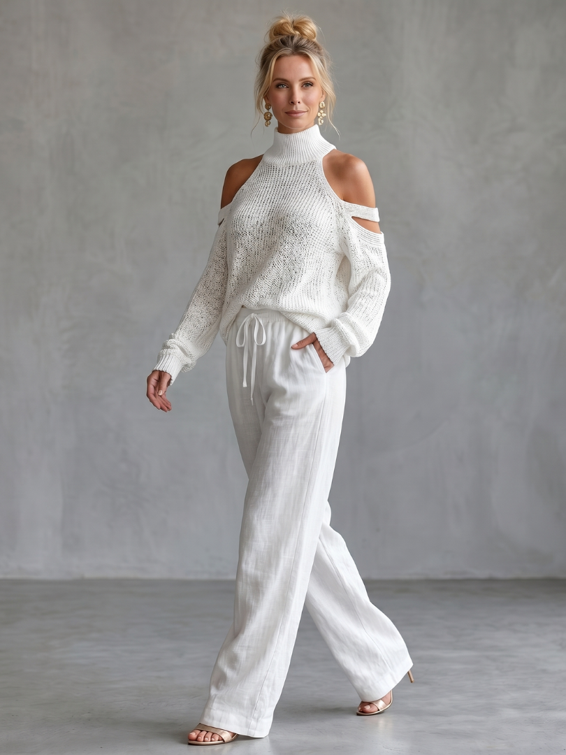 Questa | Ensemble top en tricot à épaules dénudées et pantalon large