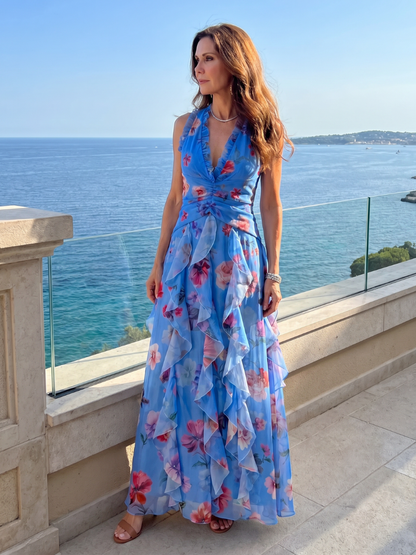 Nori | Robe Maxi Fleurie à Encolure Halter et Corsage Froncé