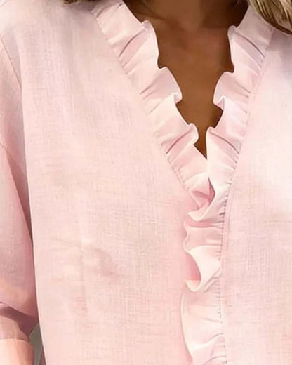Indie | Blouse with Ruffles, V-Neck and Long Sleeves