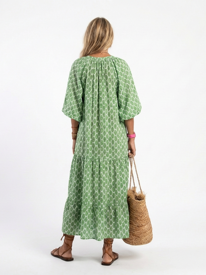 Apolline | Robe midi à manches trois quarts et décolleté en V à motifs