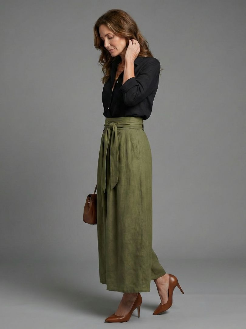 Vera | Ensemble de Deux Pièces Blouse Noire Jupe Midi Vert Olive