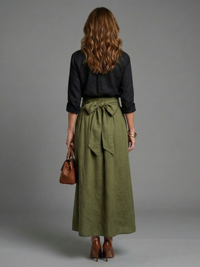 Vera | Ensemble de Deux Pièces Blouse Noire Jupe Midi Vert Olive