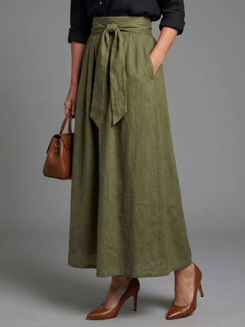 Vera | Ensemble de Deux Pièces Blouse Noire Jupe Midi Vert Olive