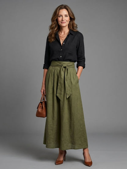 Vera | Ensemble de Deux Pièces Blouse Noire Jupe Midi Vert Olive